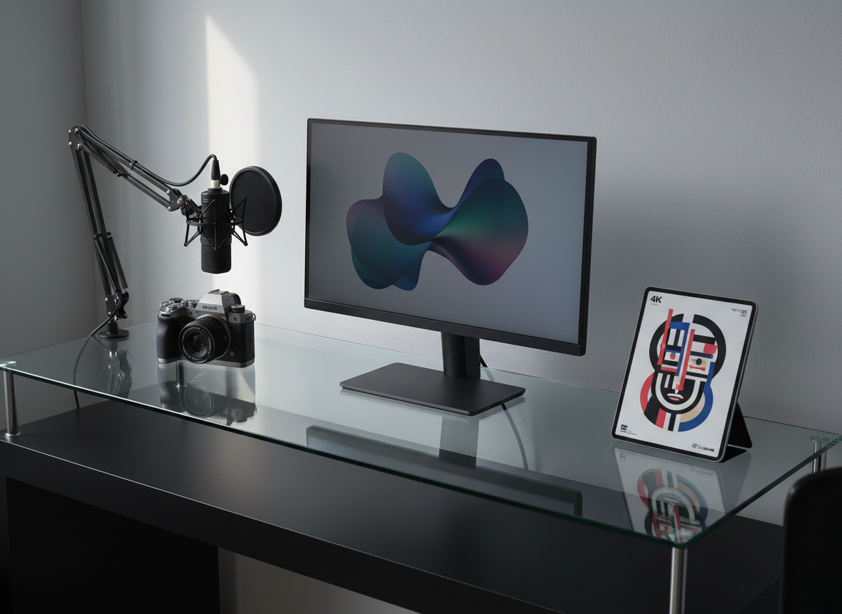 A sleek, glass-topped workstation displaying a harmonious grid of high-end devices: an ultra-thin 4K monitor playing a muted abstract video loop, a mirrorless camera with a textured metal body, a studio microphone on a shock mount, and a tablet showcasing a bold geometric poster. All are meticulously arranged on a matte black desk surface against a soft grey wall. Diffused daylight from an unseen window creates gentle reflections and precise shadows. Shot at eye level with a slight three-quarter angle, the composition follows the rule of thirds, emphasizing clarity and order. The mood is sophisticated and professional, with photographic realism and a clean, modern aesthetic that communicates a refined multimedia creative portfolio.